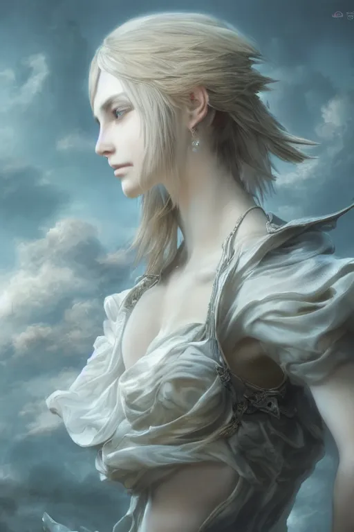 Image similar to final fantasy, dramatic, elaborate emotive Baroque and Rococo styles to emphasize beauty as a transcendental, 8k image, ultra-realistic, the style of WLOP