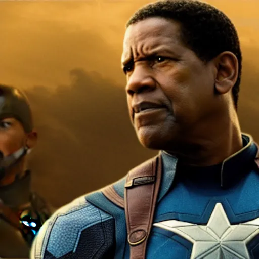 Image similar to film still of Denzel Washington as Captain America in new Captain America film, 8k photorealistic