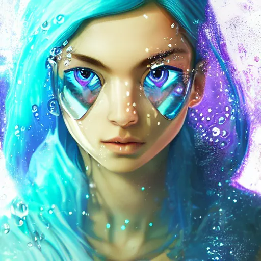 Image similar to female water mage, high quality character design, action pose, symmetrical face : : spotlight, magical, seapunk, seaweed, bubbles, high detail, 1 6 k, oled, shadows, reflections, digital art, official art