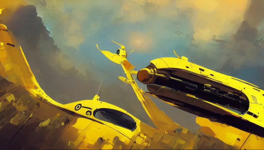 Prompt: a painting of a futuristic yellow submarine plane flying through the sky, concept art by Ian McQue, cgsociety, retrofuturism, artstation hq, concept art, sci-fi, wide angle