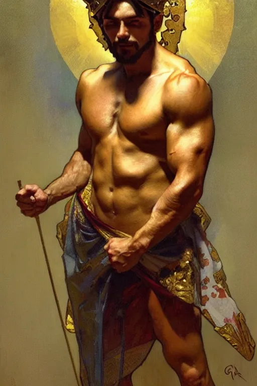 Image similar to A man wearing golden crown, muscular, painting by greg rutkowski and alphonse mucha