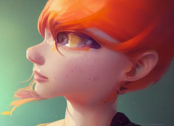 Prompt: portrait of a beautiful smiling girl with orange hair and freckles, green eyes, highly detailed, digital painting, concept art, smooth, sharp, focus, background is purple, anime key visual, ilya kuvshinov, rossdraws, artstation