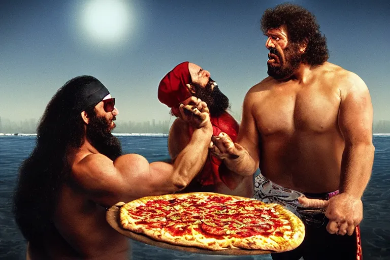 Image similar to andre the giant and macho man randy savage, mega powers, sharing a pizza, at muscle beach, mid 9 0 s, gritty, ethereal details, cinematic lighting, hyper - detailed, maximalist, artstation, 8 k