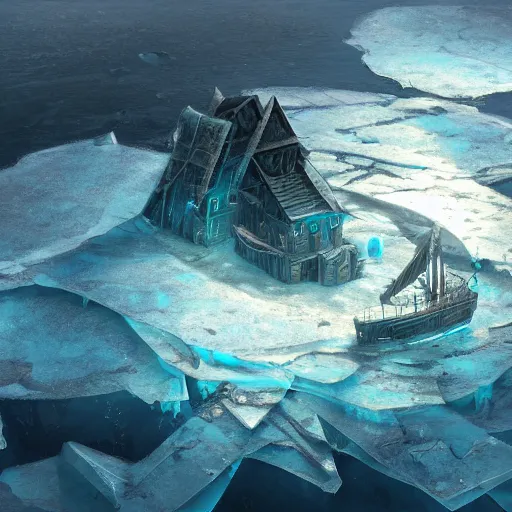 Image similar to sketch of an abandoned pirate ship encased in ice in an icy bay, aerial view, artwork by harumi hiornaka, highly detailed volumetric lighting, biomech style, concept art by michael hutter