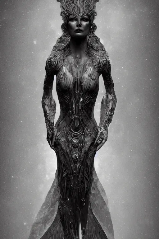 Prompt: a realistic moody photo of a beautiful ancient alien woman goddess kate moss nymph standing in iris van herpen dress jewelery and fractals in style of alphonse mucha art nuvo dmt trending on artstation made in unreal engine 4