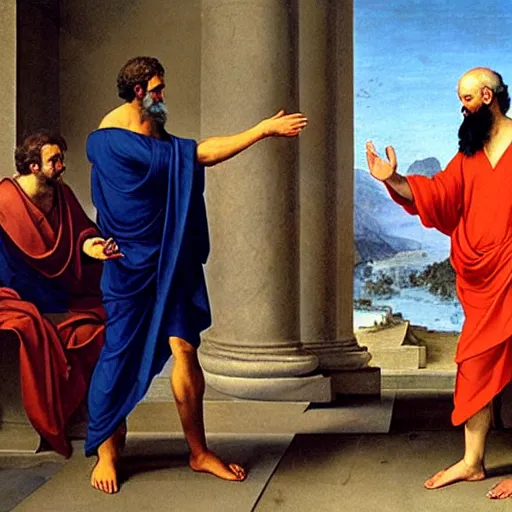 Prompt: Plato and Socrates high-fiving with explosions in the background, renaissance oil painting, detailed