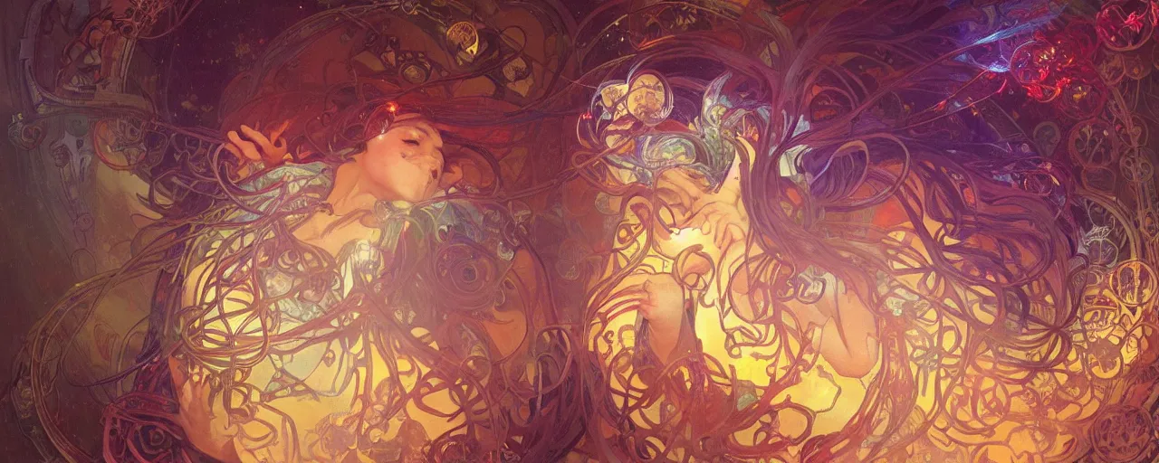 Image similar to she dreams of arcs of purple flame intertwined with glowing sparks, glinting particles of ice, dramatic lighting, steampunk, bright neon, secret holographic cyphers, red flowers, solar flares, intricate art by alphonse mucha and greg rutkowski and ruan jia