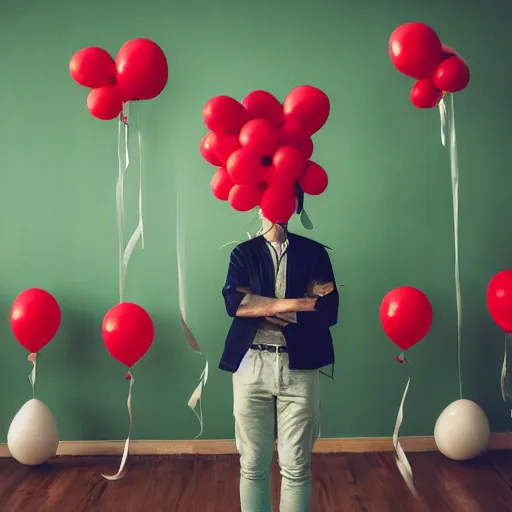 Image similar to man with a cactus head in a room full with red balloons