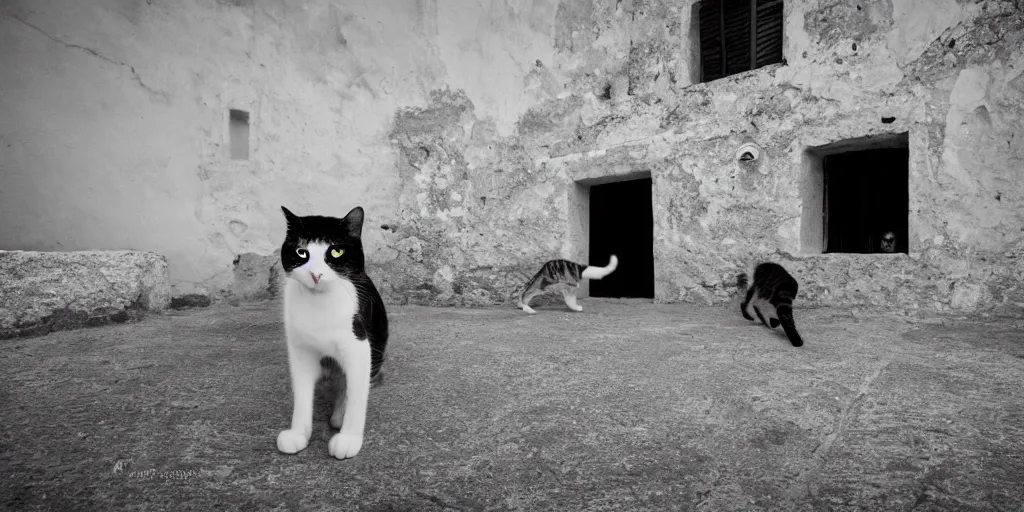 Image similar to photography of a cat with mortadela in his mouth at italian puglia with trulli houses in the background, photoreal, 3 5 mm, award winning photography