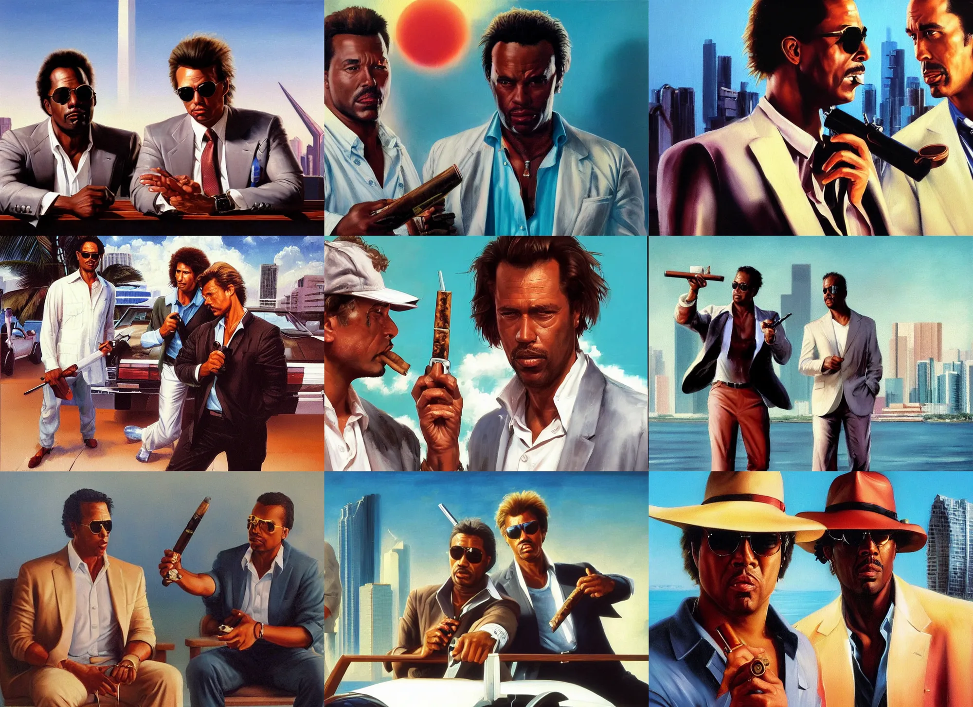 Prompt: an oil painting portrait of crockett and tubbs in eighties miami vice, ultra realistic, highly detailed faces, true to life, masterpiece, cinematic by frank frazetta, greg rutkowski, beeple, yoko taro, christian macnevin, beeple, wlop, krenz cushart, holding cigar, epic fantasy character art, volumetric lighting