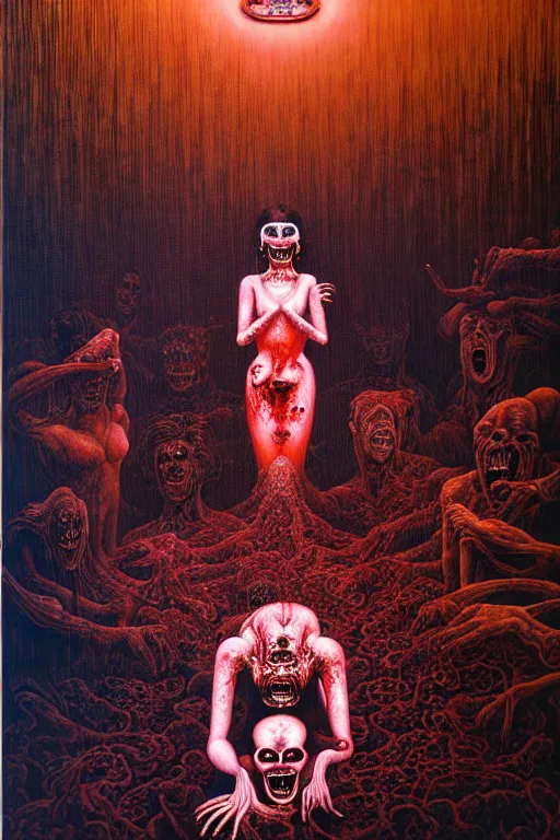 Prompt: a hyperrealistic painting of a haunted hotel lobby with scary maids and evil front desk clerk, cinematic horror by chris cunningham, lisa frank, richard corben, highly detailed, vivid color, beksinski painting, part by adrian ghenie and gerhard richter. art by takato yamamoto. masterpiece