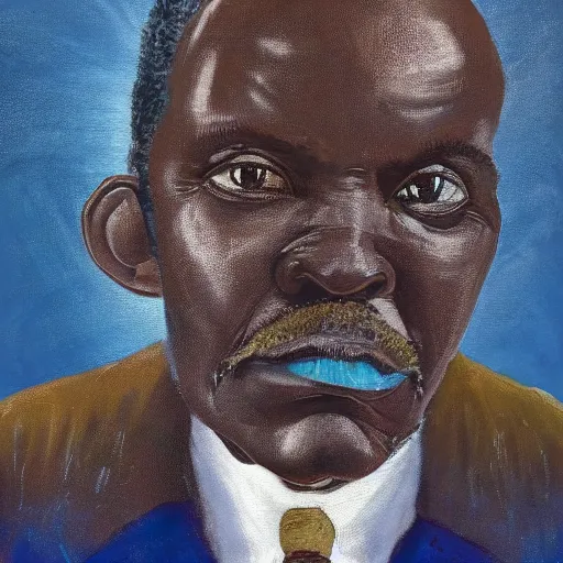 Image similar to a painting of a loving, caring fatherly wide forehead, aquiline nose, round face, XXL , generous, ever-present, humble, wise elder from Kenya in a suit by Wangechi Mutu . Fatherly/daddy, focused, loving, leader, relaxed. Blue background, heavenly lights, details, smooth, sharp focus, illustration, realistic, cinematic, artstation, award winning, rgb , unreal engine, octane render, cinematic light, macro, depth of field, blur, light and clouds, highly detailed epic cinematic concept art CG render made in Maya, Blender and Photoshop, octane render, excellent composition, dynamic dramatic cinematic lighting, aesthetic, very inspirational, arthouse.