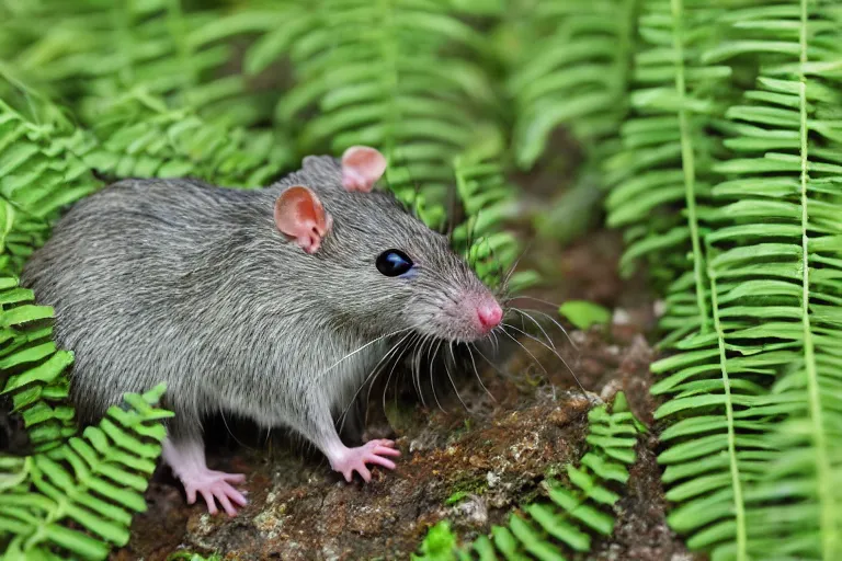 Prompt: monster rat eating! a gray internet cable!! in the ferns, grass and rocks, highly detailed photo, intricate details, volumetric lighting, zoom to face