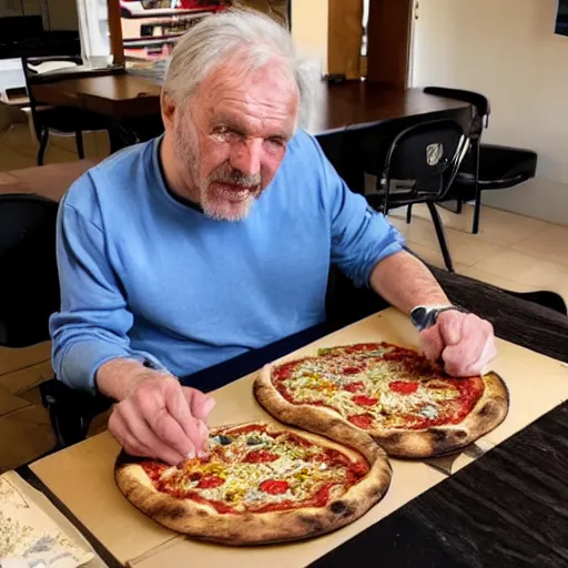 Image similar to a grumpy old danish man with long black hair eating pizza while DMing an AD&D game, D&D, rogue, dark hair, skinny, middle aged, D&D dice on table, papers on table, character sheets on table