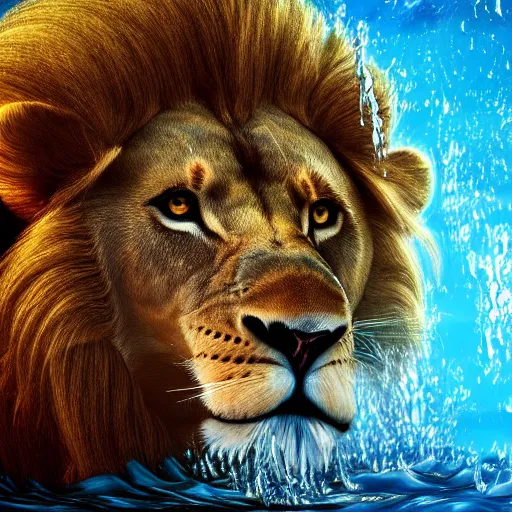 Image similar to a male lion's face breaching through a wall of water, headshot, water sprites, splashing, deep blue ocean, highly detailed, realistic digital art, trending on artstation