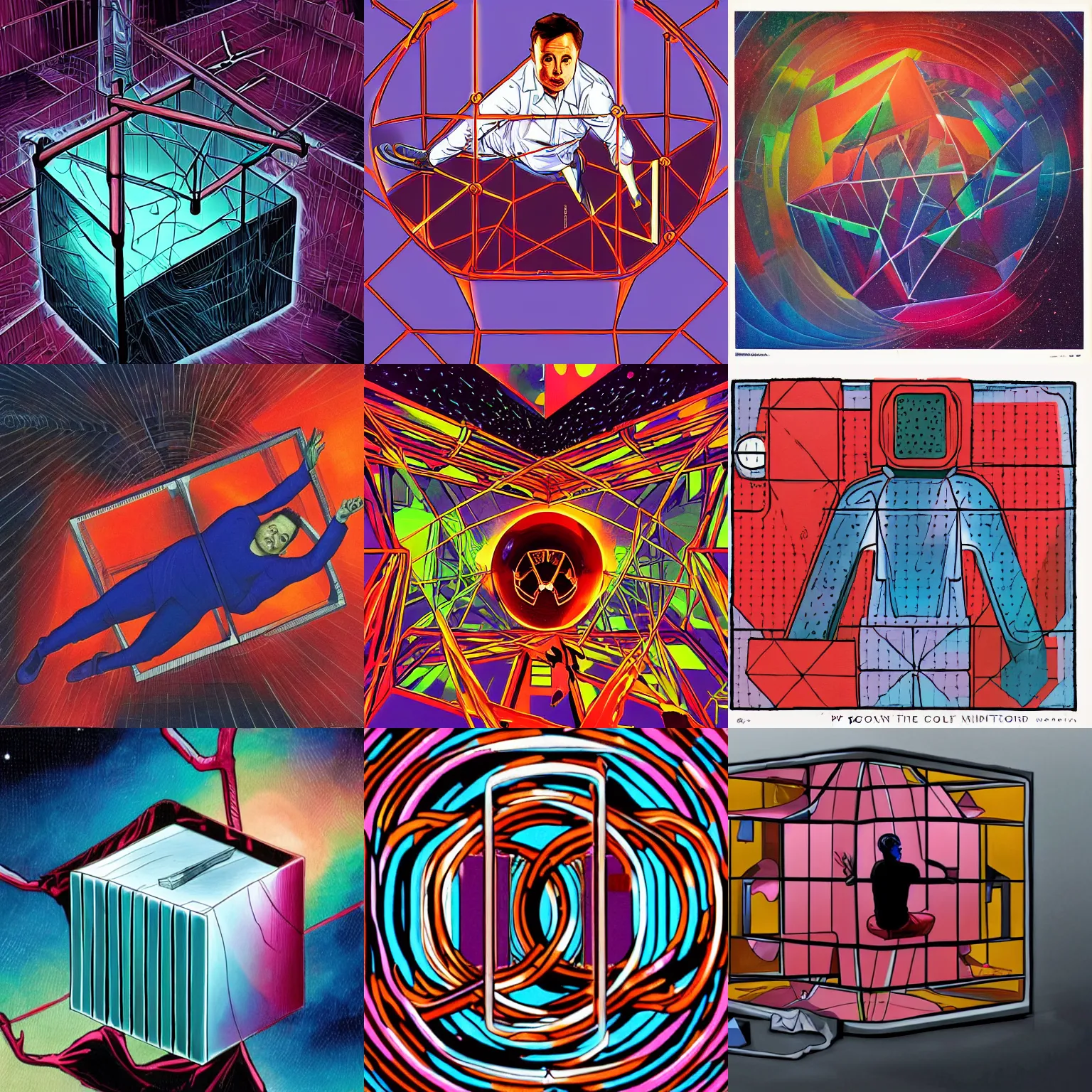 Prompt: (Elon Musk) trapped tightly in the floating punishment cube, (orbit) (contortionism) (haunting colors) (claustrophobic atmosphere)