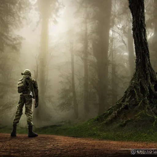 Image similar to a photo of soldier stand across huge alien arachnoid bug, old road in the forest lomography photo, playstation 5 screenshot, fine details, rain, rtx reflections, fog, night, photorealistic, unreal engine, octane render, volumetric light, featured on cg society, 4 k, 5 0 mm bokeh