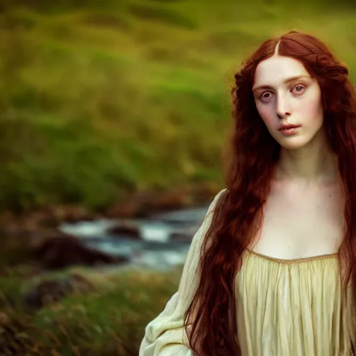 Prompt: photographic portrait of a stunningly beautiful pre raphaelite renaissance female in soft dreamy light at sunset, beside the river, soft focus, contemporary fashion shoot, hasselblad nikon, in a denis villeneuve and tim burton movie, by edward robert hughes, annie leibovitz and steve mccurry, david lazar, jimmy nelsson, extremely detailed, breathtaking, hyperrealistic, perfect face