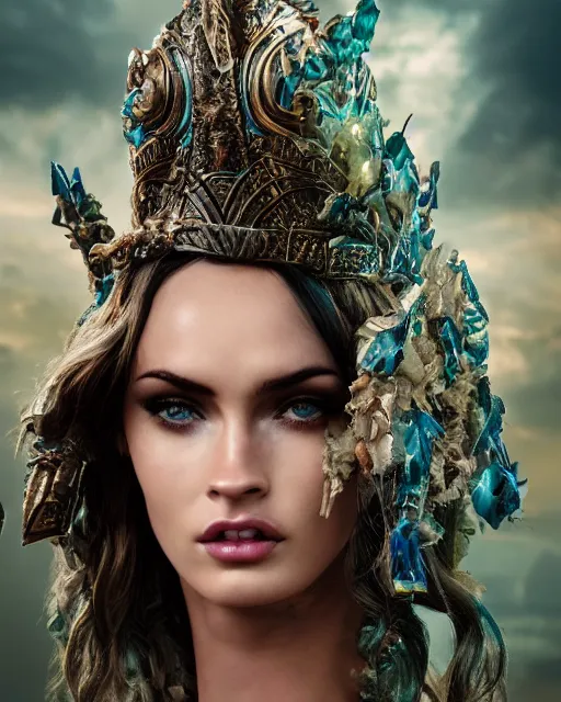 Image similar to photorealistic head and shoulders photo of beautiful victorian female ornate fantasy greek elf spartan warrior goddess, megan fox, wind blown hair, seductive, confident, Neil Blevins, Frank frazetta, arney freytag, Ritu Kumar, Sabyasachi Mukherjee, Annie Leibowitz, Magic the gathering,octane, bokeh, 8k, fashion pose, cinematic, 28mm