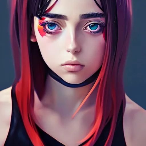 Image similar to a beautiful young anime protagonist billie eilish natalie portman alluring instagram model in elaborate latex tank top, by guweiz and wlop and ilya kuvshinov and artgerm symmetrical eyes, aesthetic, gorgeous, stunning, alluring, attractive, artstation, deviantart, pinterest, digital art