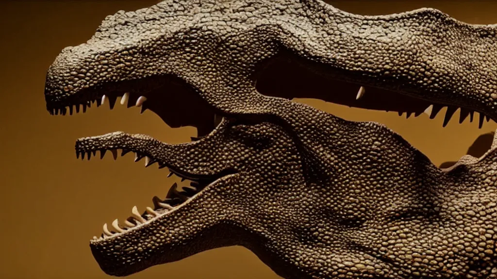 Image similar to the dinosaur waits, made of wax and water, film still from the movie directed by Denis Villeneuve with art direction by Salvador Dalí, long lens, shallow depth of field