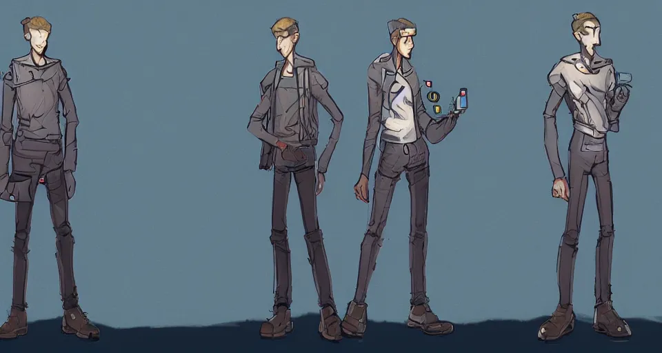 Prompt: concept art of a lean and lanky man that has a radio for a head and wears a cyberpunk coat, concept art, turnaround world building, character design