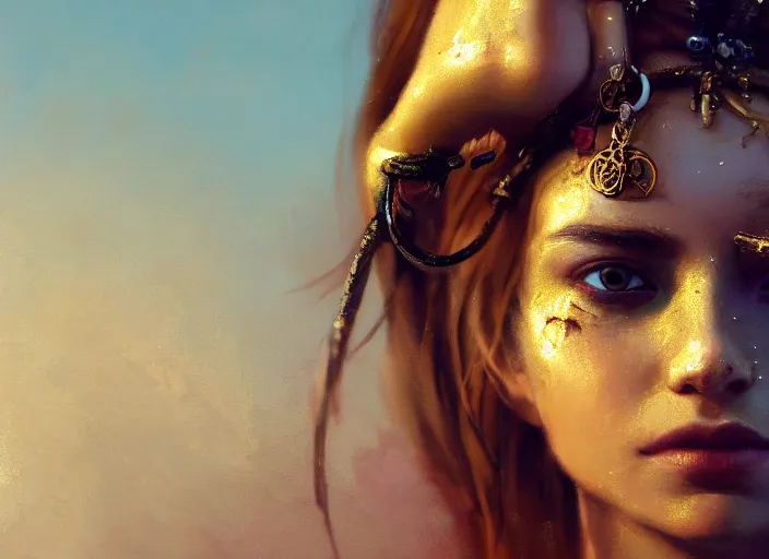 Image similar to close up picture of a pirate girl, hard breathing, messy hair, reaching a hands to the camera, jewels and gold on the background, coveted, beautiful and aesthetic and attractive and detailed face, specular reflection, occlusion shadow, intricate, bokeh, masterpiece, by ilya kuvshinov and jeremy lipking and quentin mabille