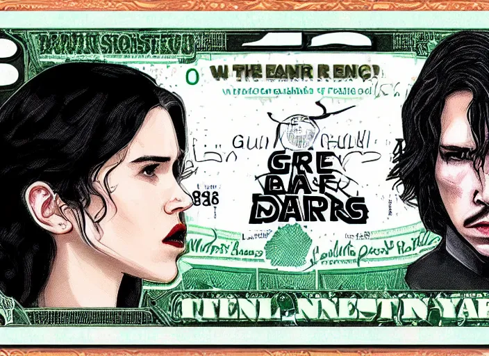 Prompt: reylo kissing, green american dollar bill!!!, rey and kylo ren