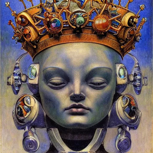 Image similar to the robot crown, by Annie Swynnerton and Diego Rivera , symbolist, dramatic lighting, elaborate geometric ornament, Art Brut, god rays, soft cool colors,smooth, sharp focus, extremely detailed, Adolf Wölfli and (Donato Giancola)