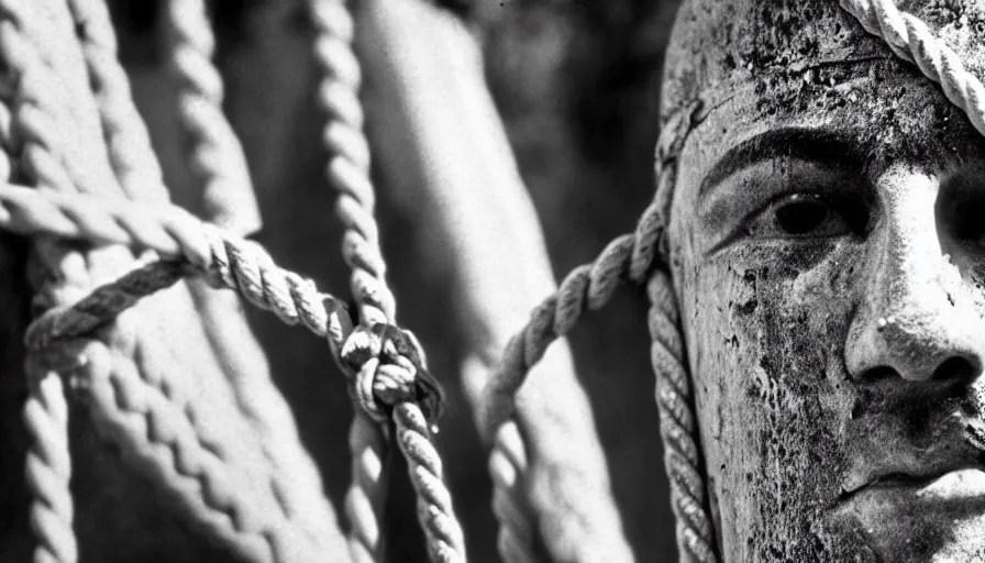 Image similar to 1 9 7 0 s movie still close - up of marcus atilius regulus'face tied with ropes at a pole with forced - open bleeding eyes looking at the burning sun, cinestill 8 0 0 t 3 5 mm b & w, high quality, heavy grain, high detail, texture, dramatic light, anamorphic, hyperrealistic, detailed hair