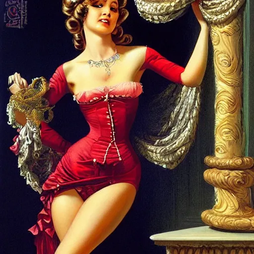 Prompt: woman, long hair, ultra detailed, by greg hildebrandt fancy rococo baroque oil painting high quality clothed in fancy garb in pin up style