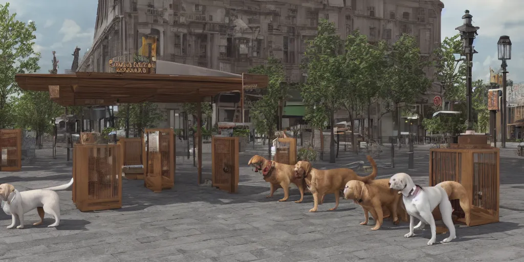 Image similar to eight dog booths on the cremlin square and a dog, beautifully detailed 4 k octane render, 4 k post processing