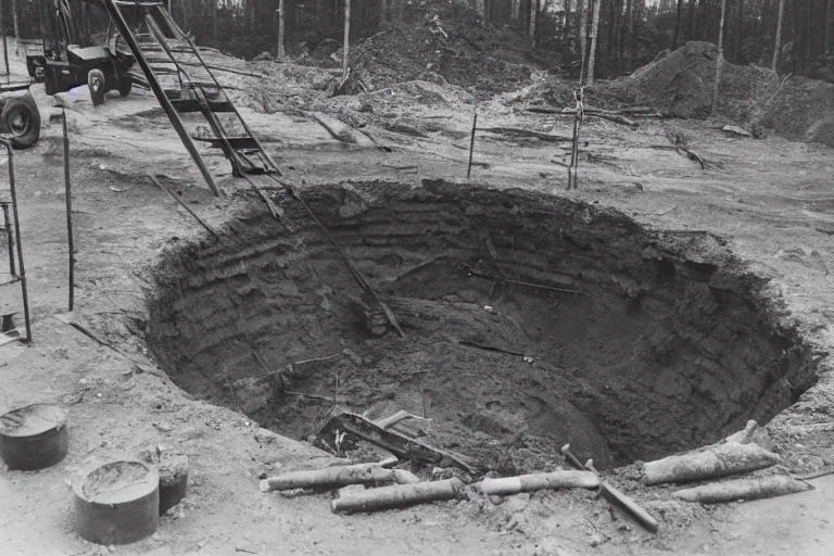 Prompt: black and white 1 9 3 0 s photograph of a smoking giant deep circular smoking construction pit in pennsylvania woods in june with an arm of giant monster, human bodies, bent rebar, broken concrete, shovels, construction equipment, ominous, grainy film