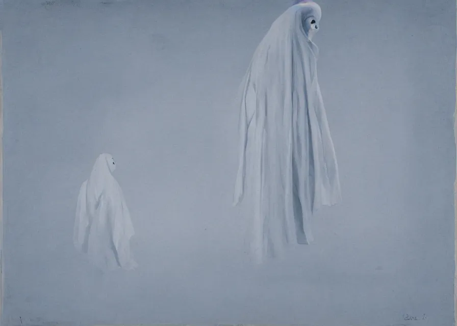 Image similar to white sheet ghost standing in an empty field, by jean charlot