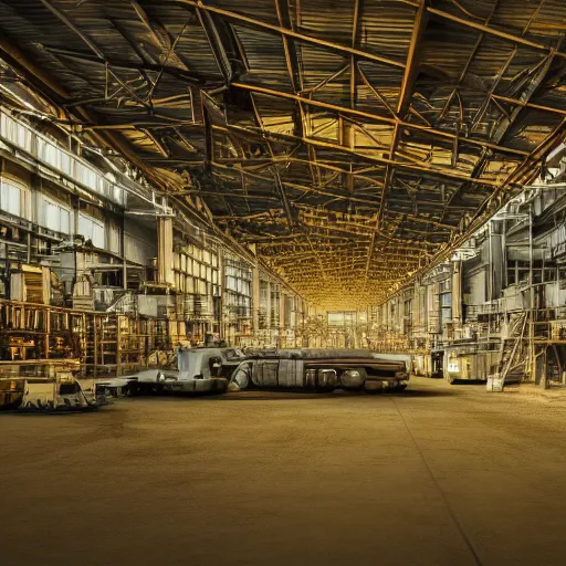 Prompt: wide gamut color cinematic matte painting of professional white balanced flambient HDR golden hour real estate photography ancient acifi fantasy industrial manufacturing facility