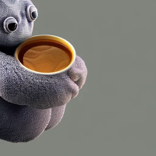 Prompt: ultrarealistic photo of a tardigrade holding a cup of coffee