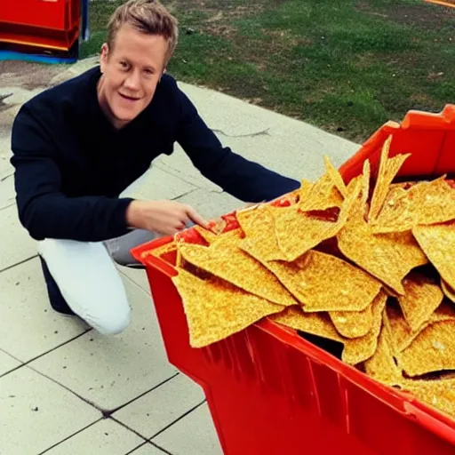 Image similar to geoff keighley eating doritos while dumpster diving