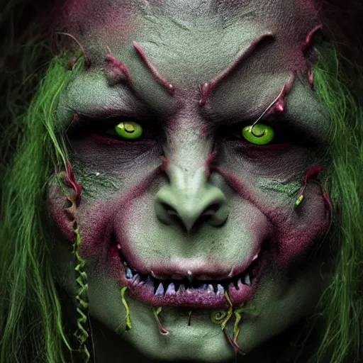 Image similar to a demon inspired by moss created by the make up artist hungry, photographed by andrew thomas huang, cinematic, expensive visual effects