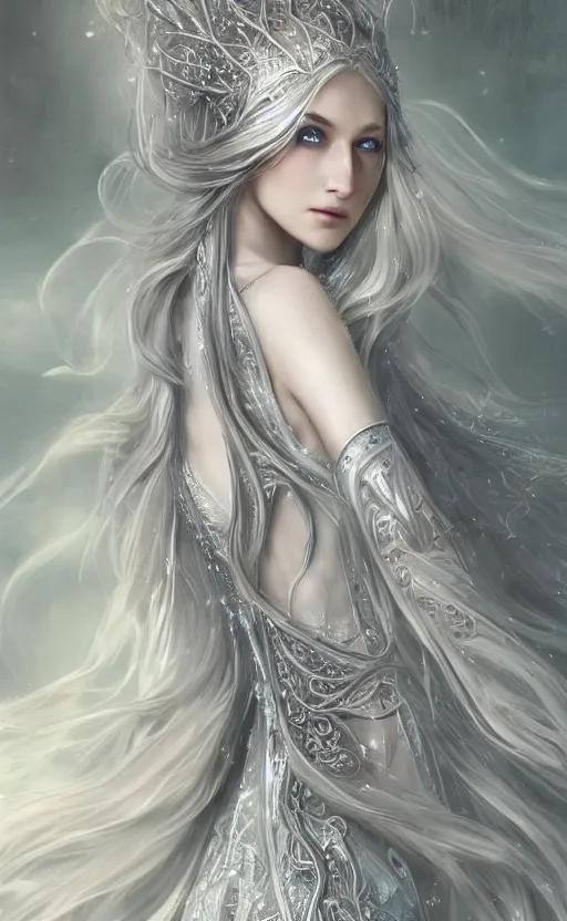 Image similar to an elven woman with long, silver hair cascading down her back. she has delicate, angular features and piercing blue eyes. she's clad in a flowing white dress with intricate silver embroidery, dynamic lighting, photorealistic fantasy concept art, trending on art station, stunning visuals, creative cinematic, ultra detailed