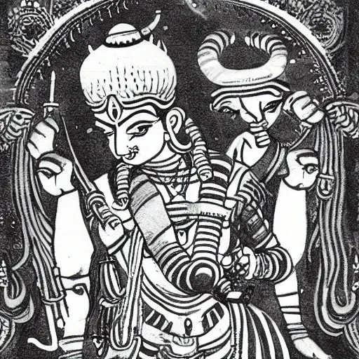 Image similar to comic book illustration of a muscular lord shiva removing the head of his son ganesha, holding an elephant head on his hand