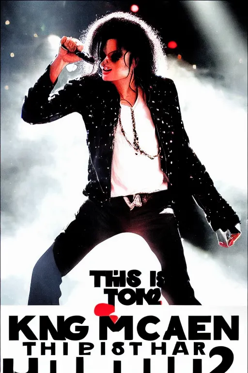 Image similar to this is it concert poster 2 0 0 9 king of pop, michael jackson 2 0 0 9 shades style, promotional, o 2 arena, london uhd, sharp, ultra realistic face, 4 k, cinematic, marvel, render, behind the scenes, leaked, set photo, detailed, modern, real life, sighting, photo real