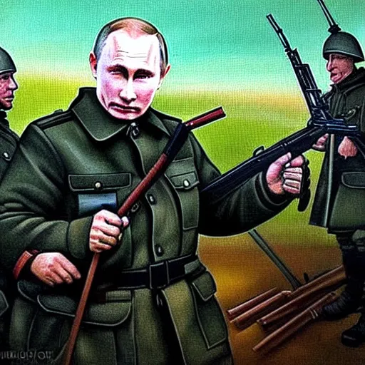 Image similar to Putin is sitting in the trenches and defending himself from Ukrainian troops, Retro futuristic painting style