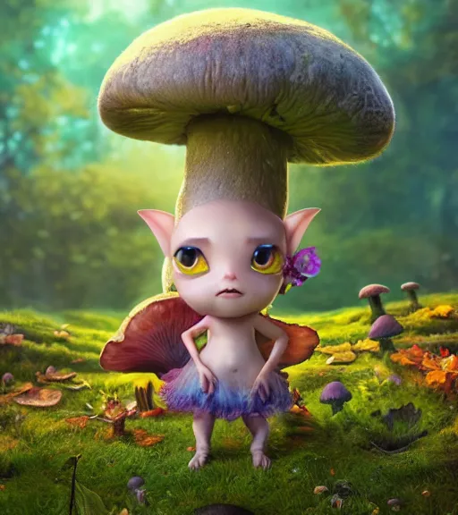 Prompt: An epic fantasy comic book style portrait painting of an extremely cute and adorable very beautiful mushroom imp fairy, character design by Mark Ryden and Pixar and Hayao Miyazaki, unreal 5, DAZ, hyperrealistic, octane render, cosplay, RPG portrait, dynamic lighting, intricate detail, harvest fall vibrancy, cinematic