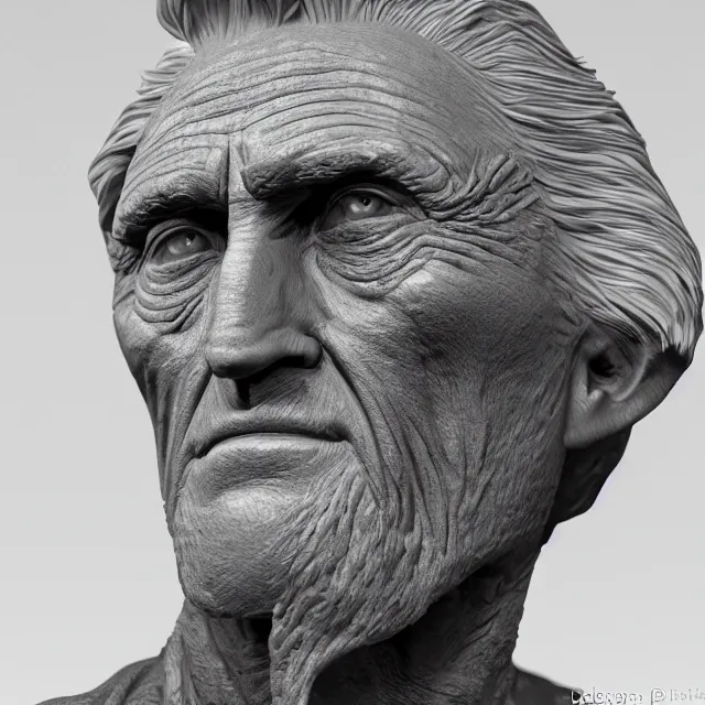 Image similar to photography of a bust of old Kirk Douglas made of clay by Sebastian Kruger and Michelangelo, 50mm, studio atmosphere, 8K, rim light, octane render, ultra-realistic