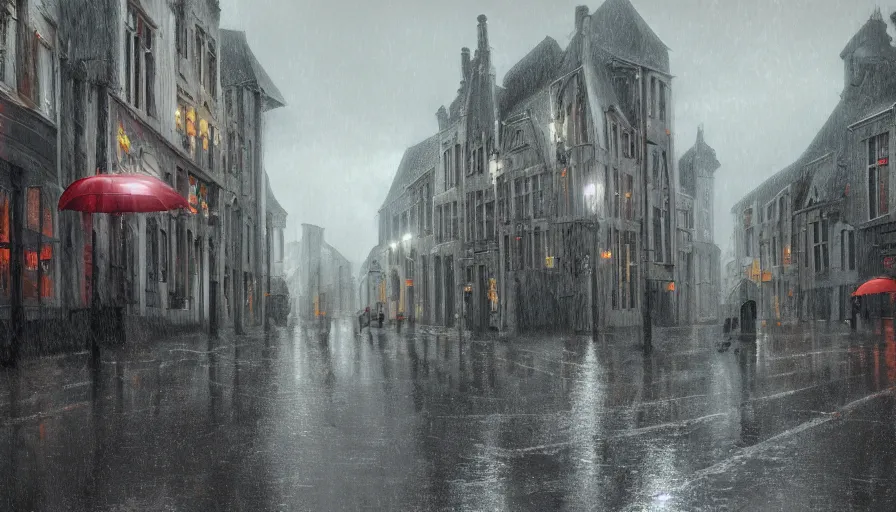 Prompt: vise, belgium under rain, people with umbrellas, wet roads, hyperdetailed, artstation, cgsociety, 8 k