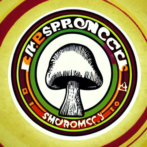 Image similar to Spencers Shroomery logo. Mushroom theme retro styling, circular design, by ivan chermayeff