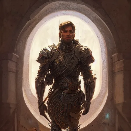 Image similar to portrait of a rugged male armored paladin, D&D, fantasy, intricate, elegant, highly detailed, digital painting, artstation, concept art, smooth, sharp focus, illustration, art by artgerm and greg rutkowski and alphonse mucha