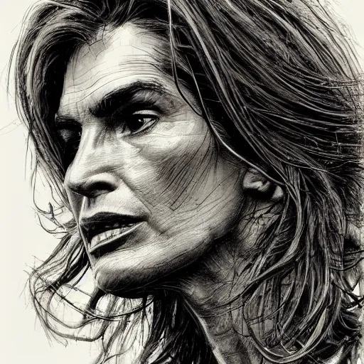 Prompt: a realistic yet scraggly portrait sketch of the side profile of cindy crawford, trending on artstation, intricate details, in the style of frank auerbach, in the style of sergio aragones, in the style of martin ansin, in the style of david aja, in the style of mattias adolfsson