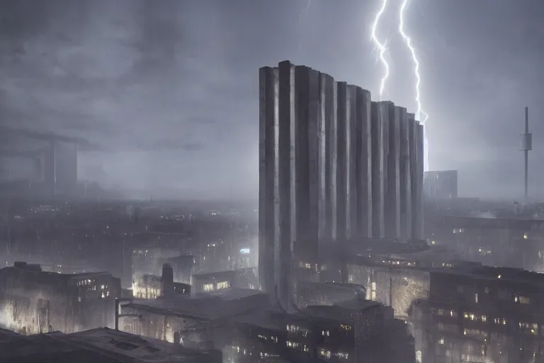 Image similar to a towering cathedral of brutalist architecture, metal, concrete, mist, rain, night, dramatic lighting, lightning bolt, trending on Artstation, 8k, highly realistic, hyper detailed, unreal engine 5, IMAX quality, realistic, cinematic, epic lighting, realistic, in the style of Greg Rutkowski