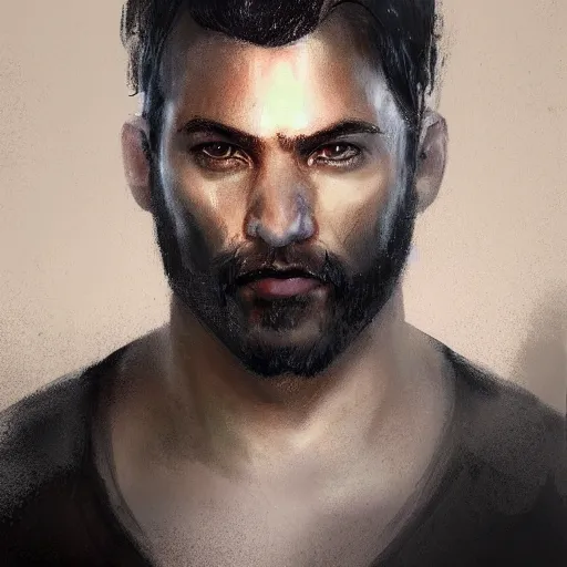 Image similar to Portrait of a man by Greg Rutkowski, he is about 30 years old, mixture between persian, indian and texan, wide forehead, short black hair, manly, attractive, strong and burly, he is wearing a utilitarian beige and black jumpsuit, highly detailed portrait, scifi, digital painting, artstation, concept art, smooth, sharp foccus ilustration, Artstation HQ